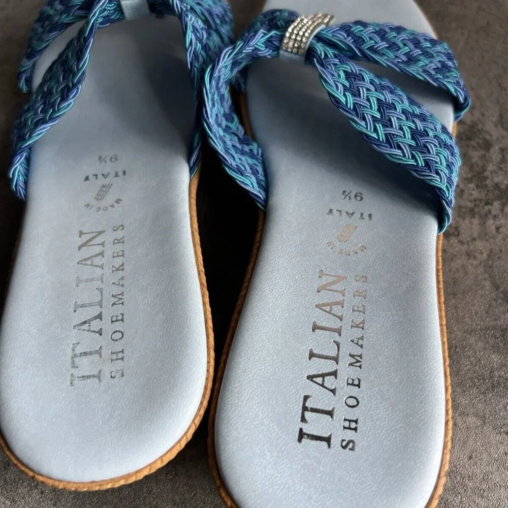 Italian Shoemakers Mixed Blue Rhinestone Sparkle Thong Wedge Sandals Size 9.5 M - Picture 5 of 16